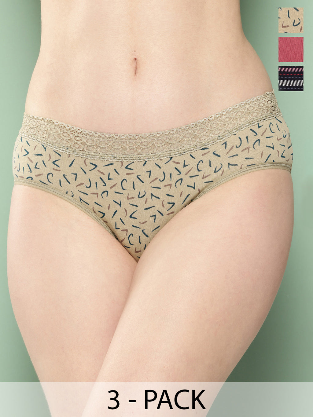 Women's Printed Mid Rise Hipster Lace Brief (Pack of 3)