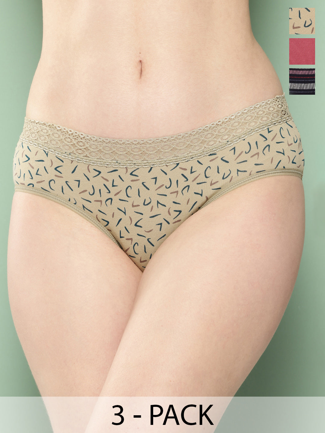 Women's Printed Mid Rise Hipster Lace Brief (Pack of 3)