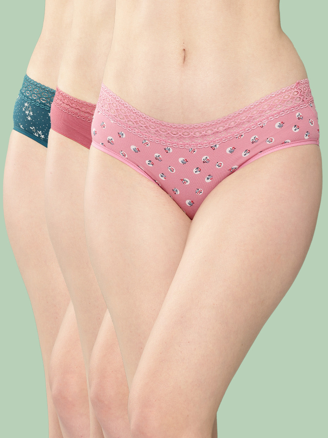 Women's Printed Mid Rise Hipster Lace Brief (Pack of 3)