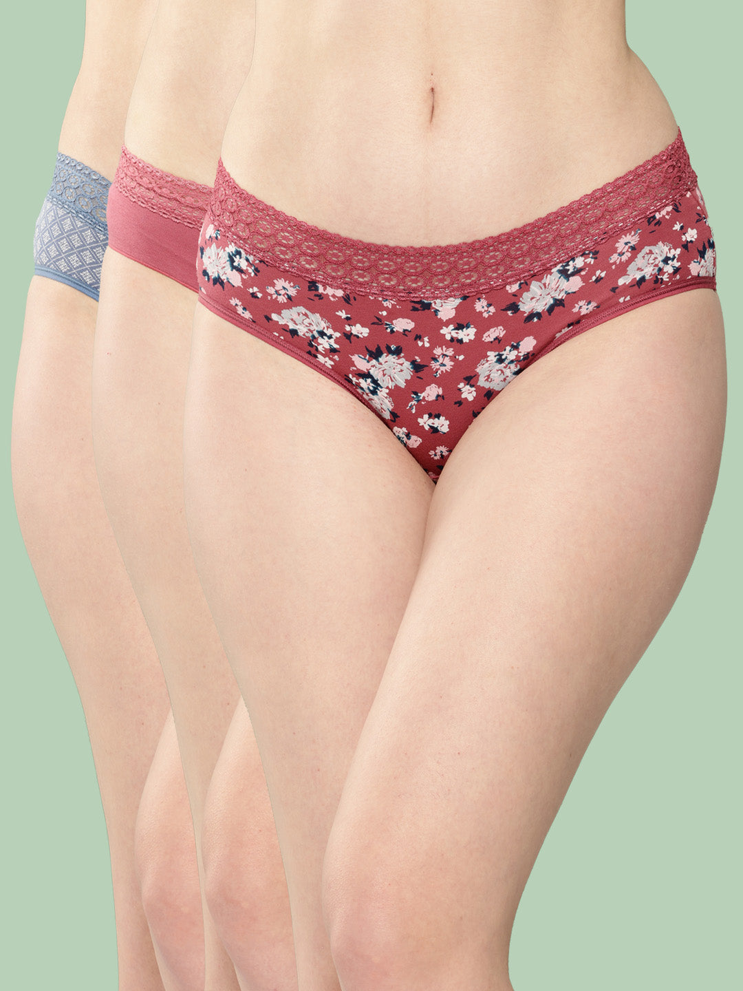 Women's Printed Mid Rise Hipster Lace Brief (Pack of 3)