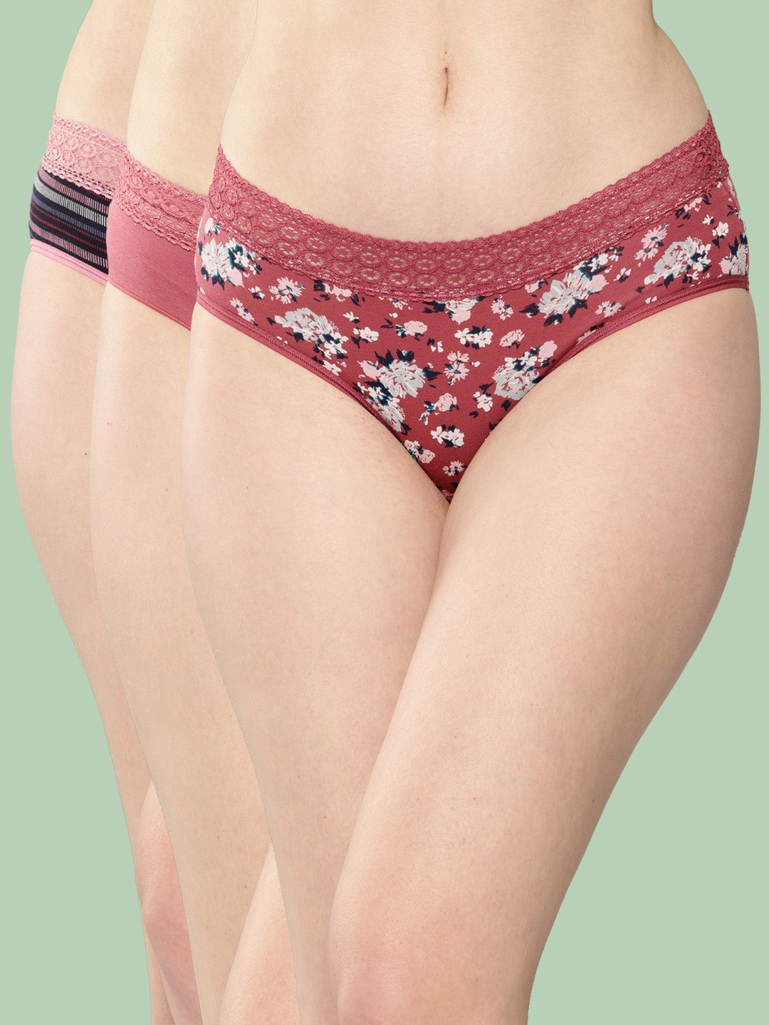 Women's Printed Mid Rise Hipster Lace Brief (Pack of 3)