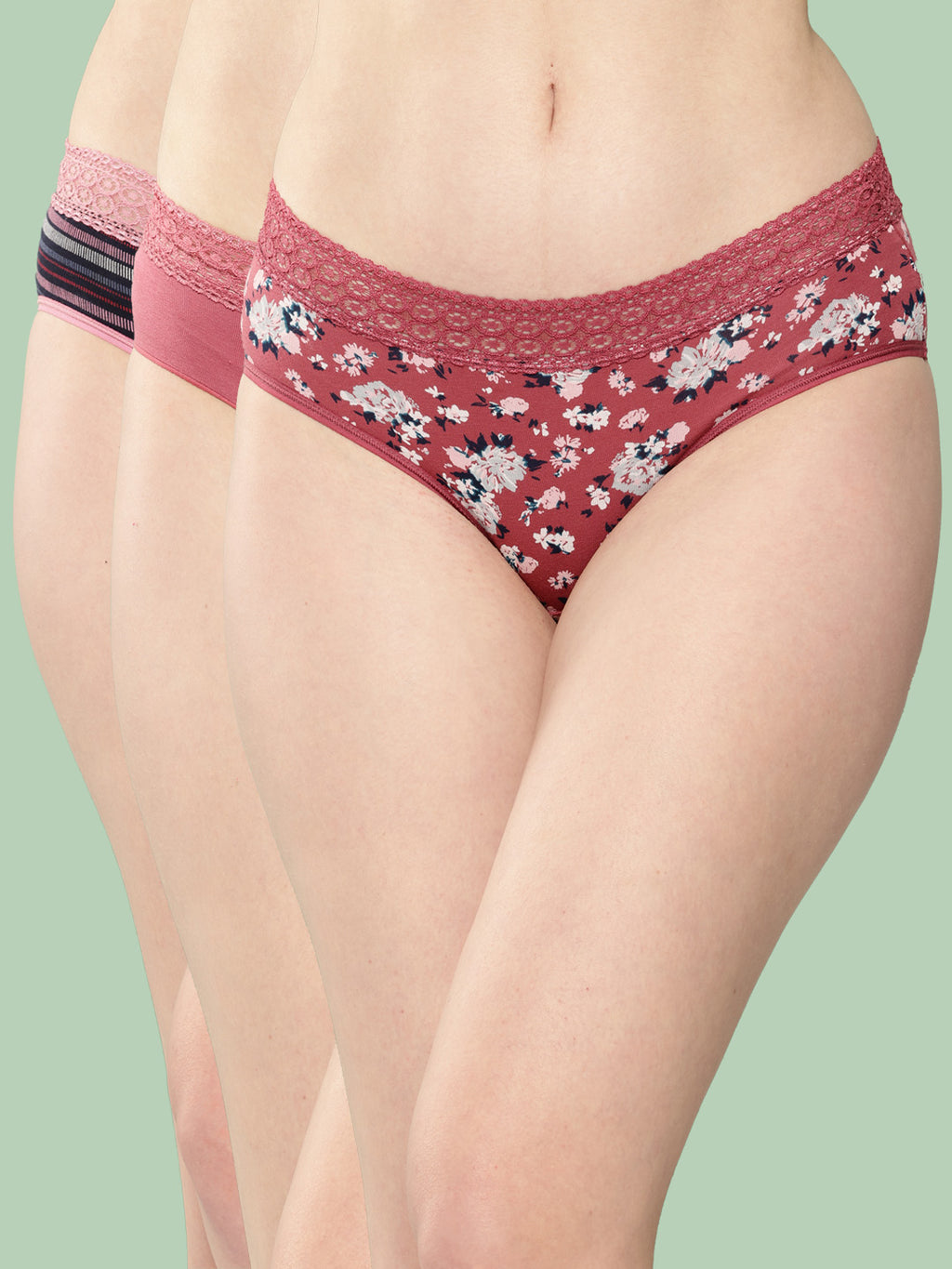 Women's Printed Mid Rise Hipster Lace Brief (Pack of 3)